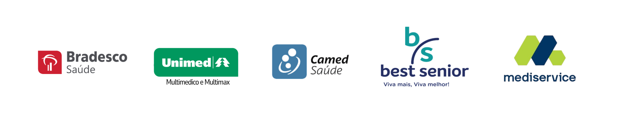 Logos dos convênios aceitos: Bradesco Saúde, Unimed, Camed Saúde, Best Senior e Mediservice